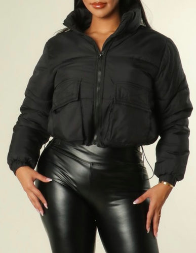 Black Out Puffer Crop Bomber Jacket